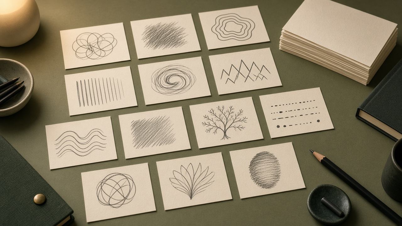 Pattern cards arranged on an olive desk for synthesis